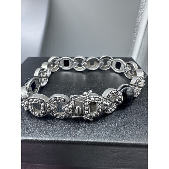 Marcasite & Onyx Art Deco Style 925 Sterling Link Bracelet - Picture 3 of 9